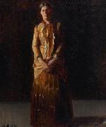 Portrait of Anna Ancher Standing in a Yellow Dress by her husband Michael Ancher Michael Ancher